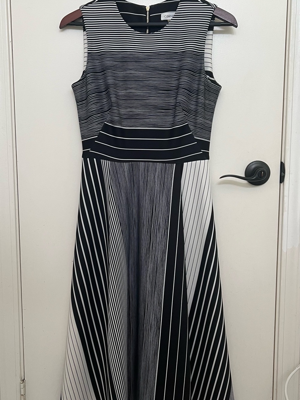 Calvin Klein Scuba Black and White Striped Fit-and-Flare Dress